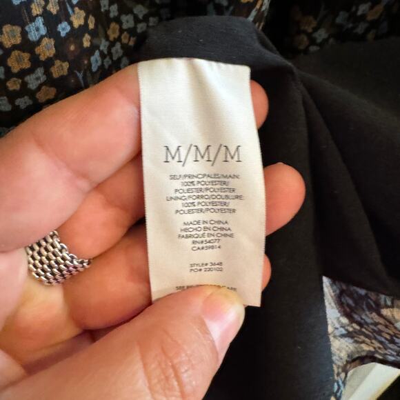 CAbi Sheath Chiffon Dress Blue Brown Floral V-Neck Pullover Bell Sleeve Sz M - Picture 5 of 7